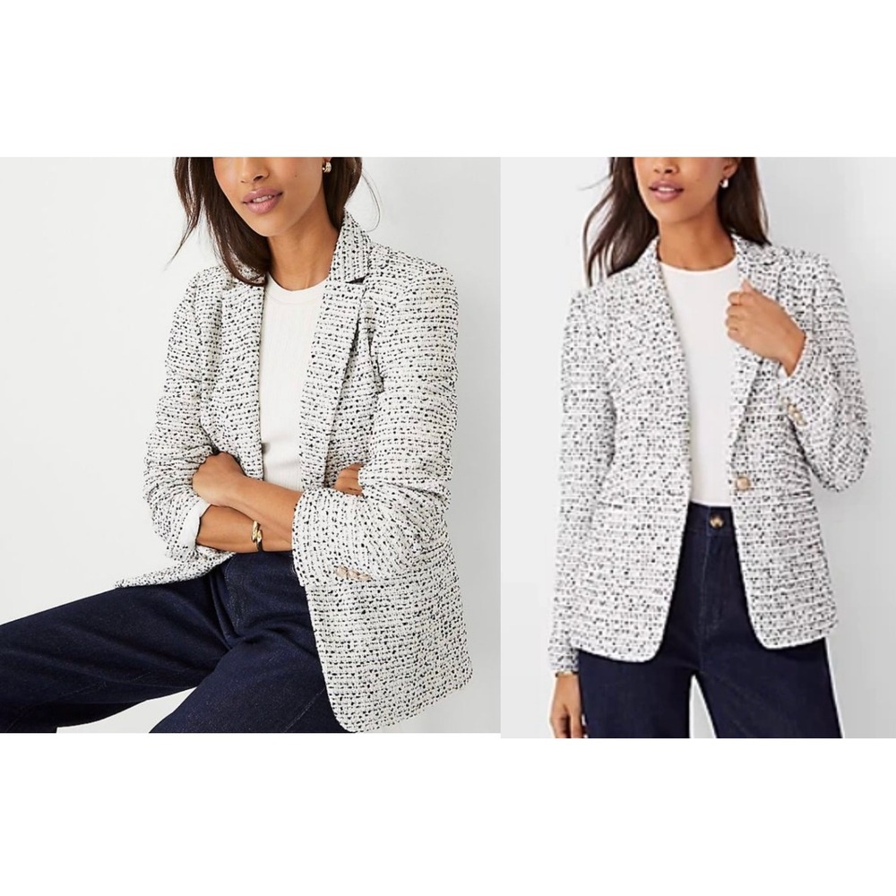 Women's Ann Taylor Size 8 The Hutton Tweed Blazer White Black Multi Classic Chic